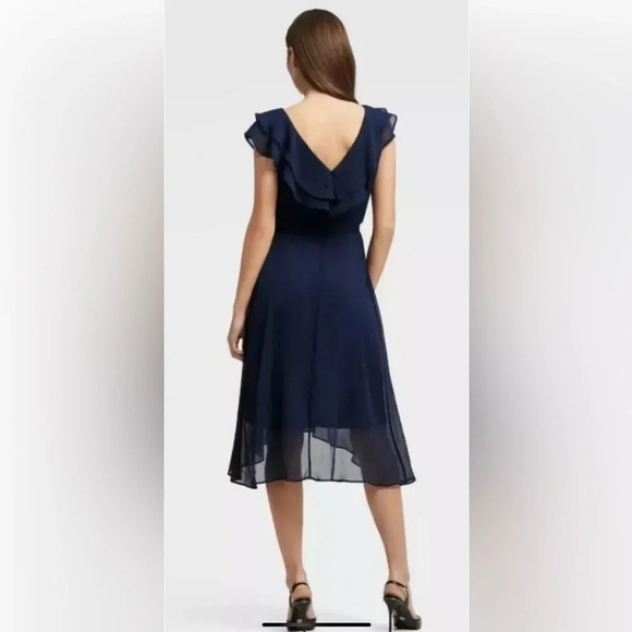 DKNY Ruffle Midi Flutter Sleeves Chiffon Dress Midnight Blue Womens 12 (681) - Picture 2 of 8